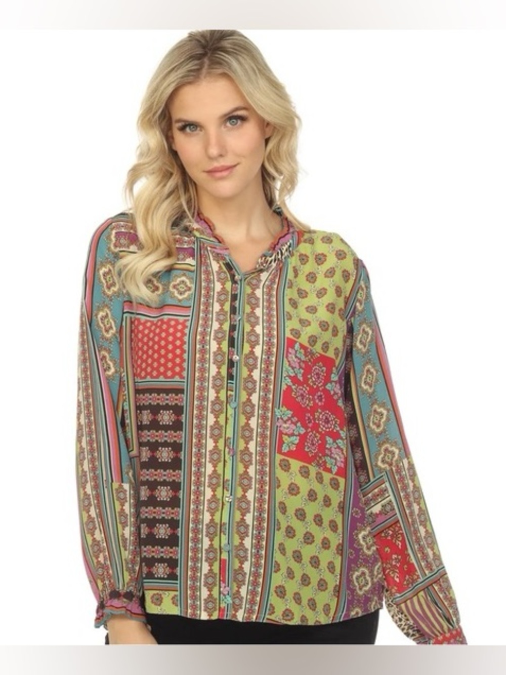 Johnny Was Silk Multicolor Patchwork paisley Button-Front Blouse medium